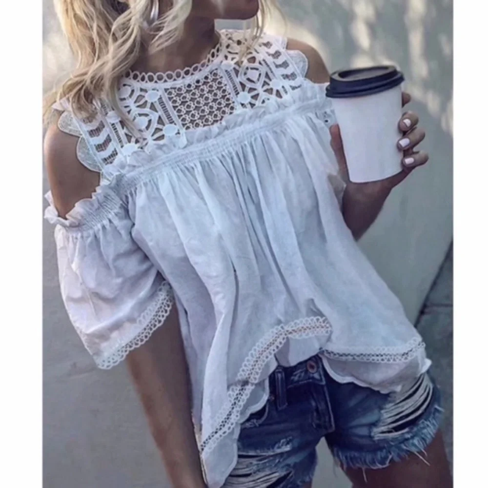 022 Boho peach Lace Cold Shoulder Blouse - Picture 1 of 5